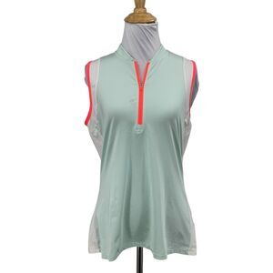 Adidas Polo Shirt Womens M Medium Sea Mist White Blade Collar 1/4 Zip Sleeveless